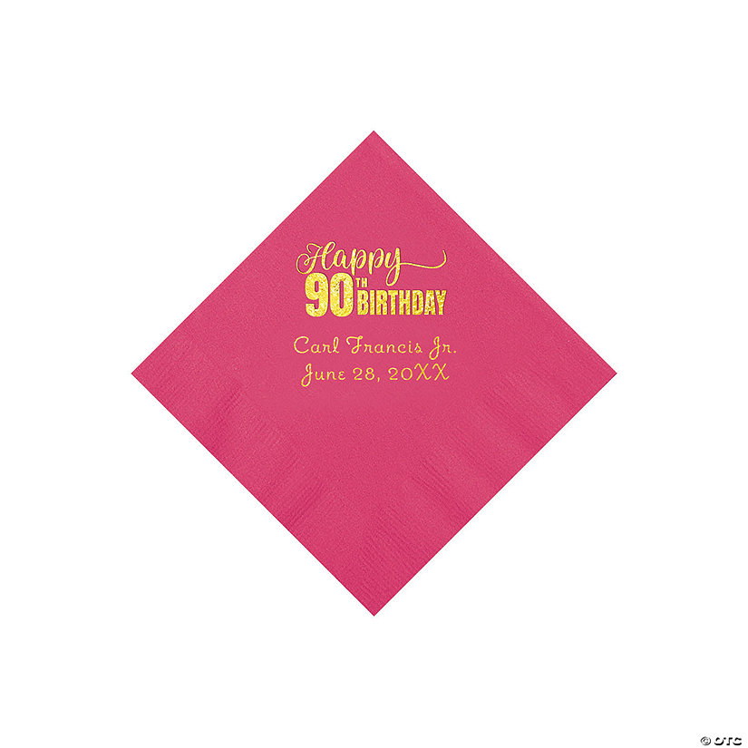 Hot Pink 90th Birthday Personalized Napkins with Gold Foil - 50 Pc. Beverage Image Thumbnail