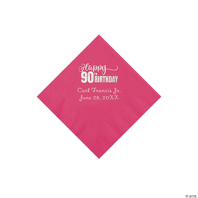 Hot Pink 90th Birthday Personalized Napkins with Silver Foil - 50 Pc. Beverage Image