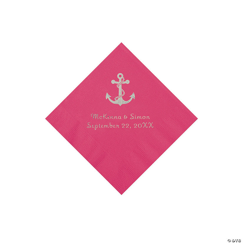 Hot Pink Anchor Personalized Napkins with Silver Foil - Beverage Image Thumbnail