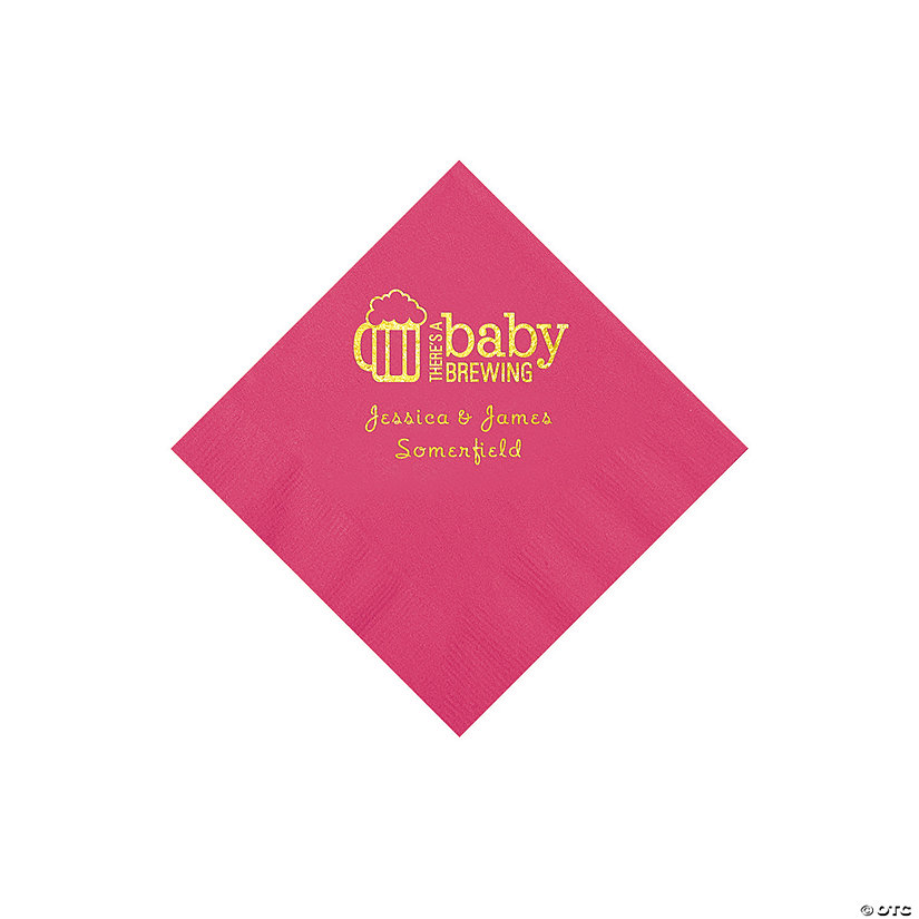 Hot Pink Baby Brewing Personalized Napkins with Gold Foil - 50 Pc. Beverage Image