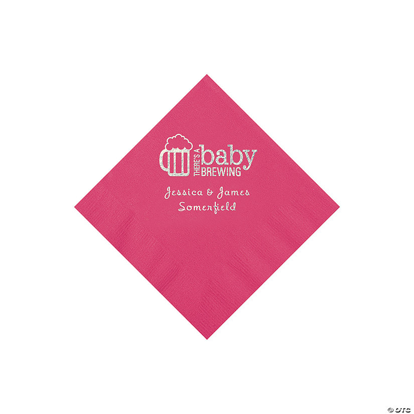 Hot Pink Baby Brewing Personalized Napkins with Silver Foil - 50 Pc. Beverage Image