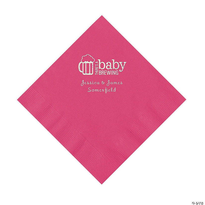 Hot Pink Baby Brewing Personalized Napkins with Silver Foil - 50 Pc. Luncheon Image