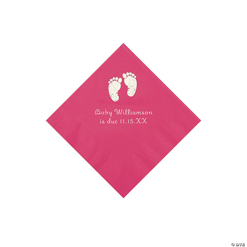 Hot Pink Baby Feet Personalized Napkins with Silver Foil - 50 Pc. Beverage Image