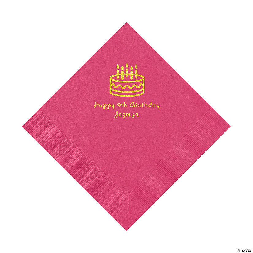 Hot Pink Birthday Cake Personalized Napkins with Gold Foil - 50 Pc. Luncheon Image