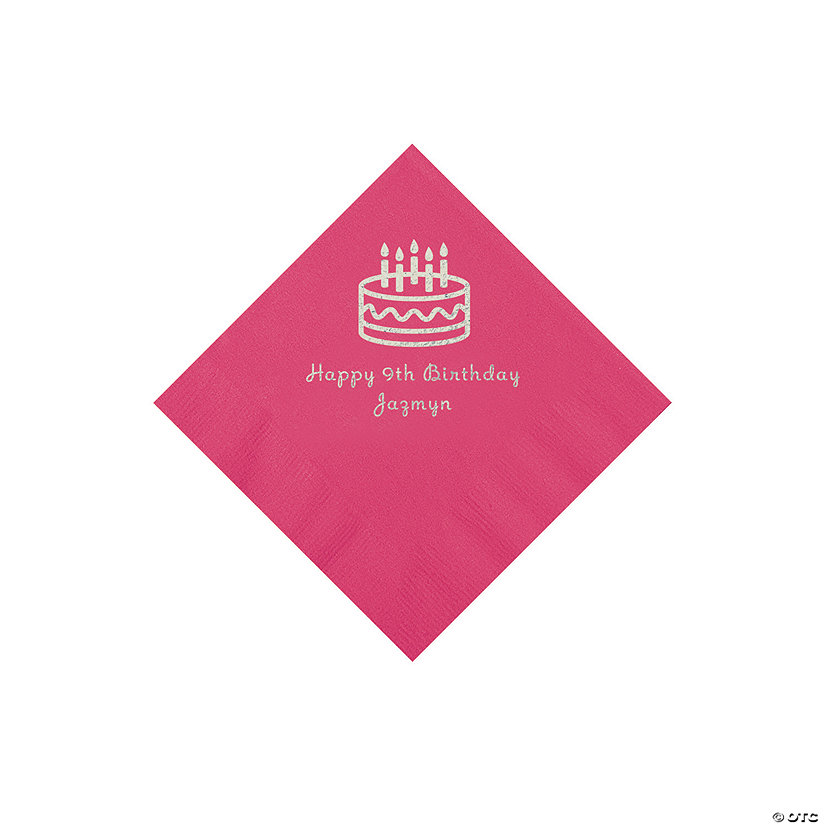 Hot Pink Birthday Cake Personalized Napkins with Silver Foil - 50 Pc. Beverage Image