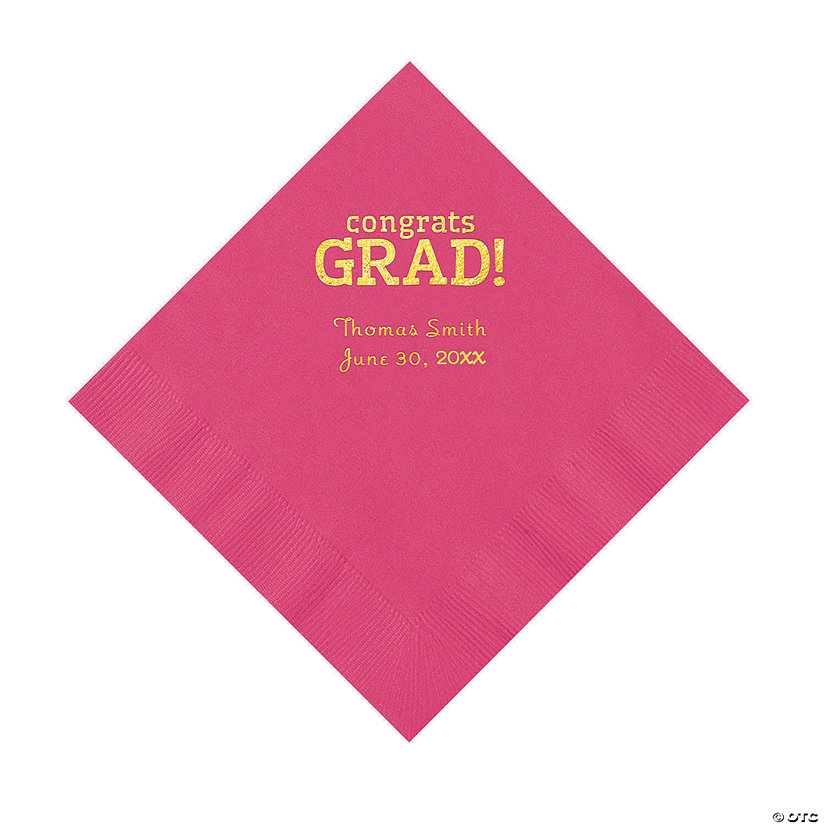 Hot Pink Congrats Grad Personalized Napkins with Gold Foil - 50 Pc. Luncheon Image