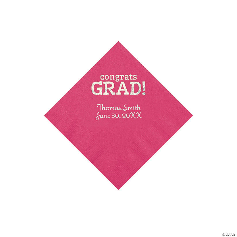Hot Pink Congrats Grad Personalized Napkins with Silver Foil - 50 Pc. Beverage Image