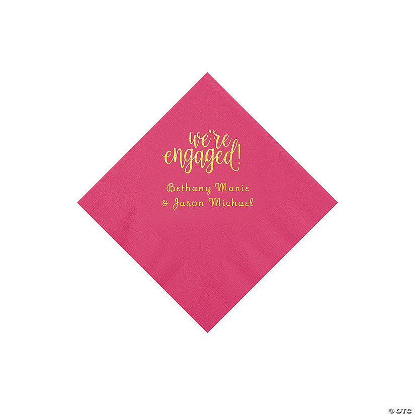 Hot Pink Engaged Personalized Napkins with Gold Foil - Beverage Image Thumbnail