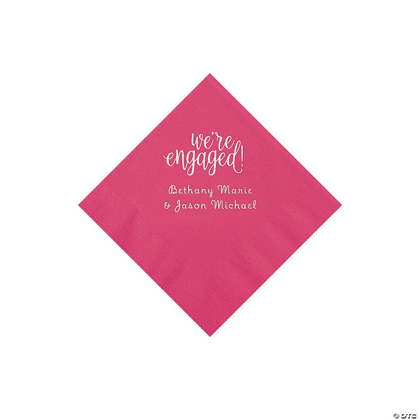 Hot Pink Engaged Personalized Napkins with Silver Foil - Beverage Image Thumbnail