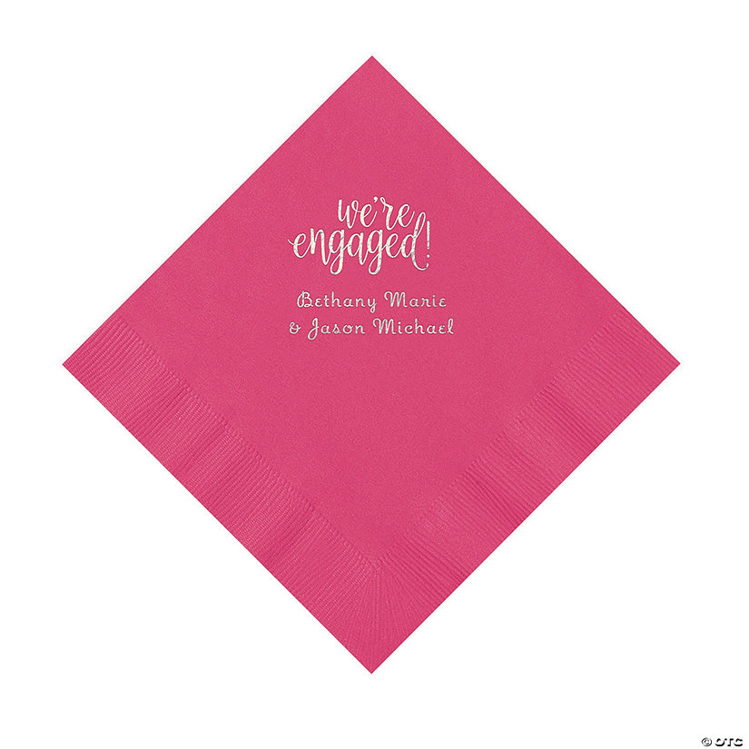Hot Pink Engaged Personalized Napkins with Silver Foil &#8211; Luncheon Image Thumbnail