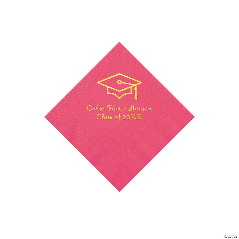 Hot Pink Grad Mortarboard Personalized Napkins with Gold Foil &#8211; 50 Pc. Beverage Image