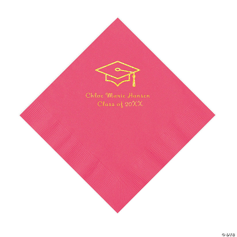 Hot Pink Grad Mortarboard Personalized Napkins with Gold Foil &#8211; 50 Pc. Luncheon Image Thumbnail