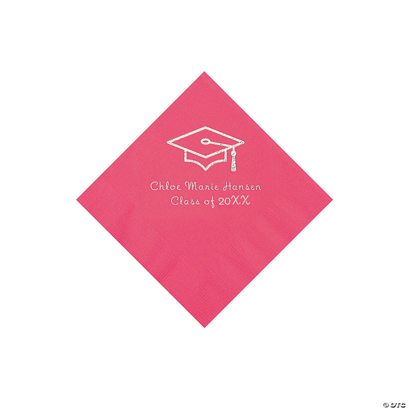 Hot Pink Grad Mortarboard Personalized Napkins with Silver Foil &#8211; 50 Pc. Beverage Image Thumbnail