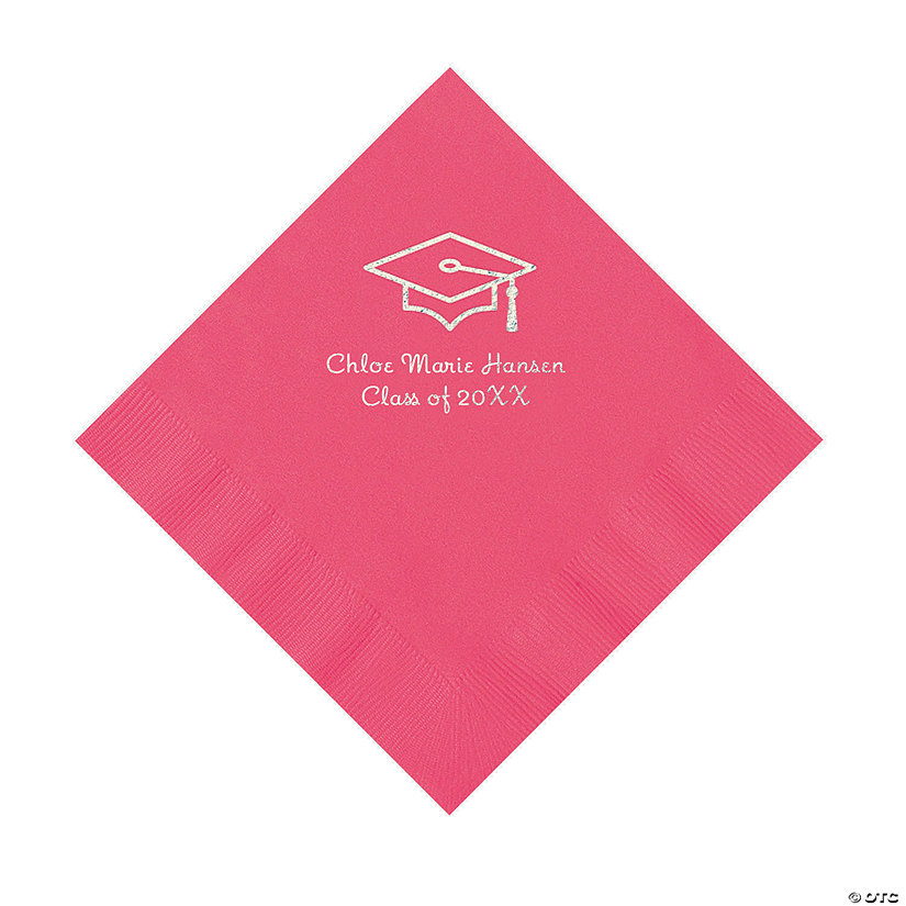 Hot Pink Grad Mortarboard Personalized Napkins with Silver Foil &#8211; 50 Pc. Luncheon Image Thumbnail