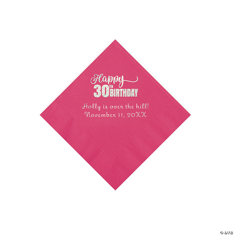 Hot Pink Happy 30<sup>th</sup> Birthday Personalized Napkins with Silver Foil - 50 Pc. Beverage Image Thumbnail
