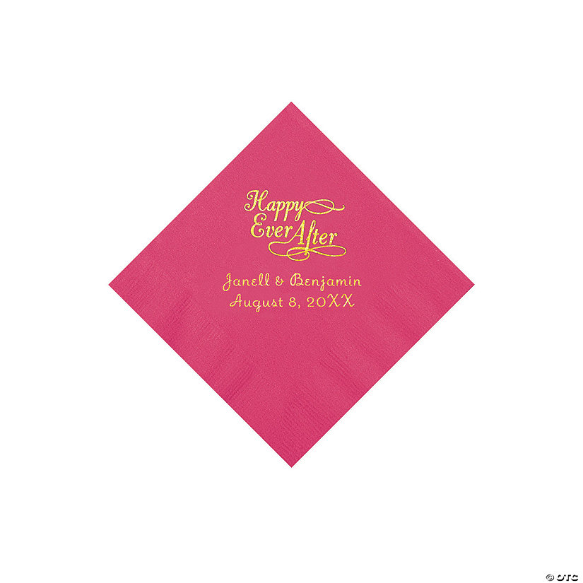 Hot Pink Happy Ever After Personalized Napkins with Gold Foil - Beverage Image Thumbnail