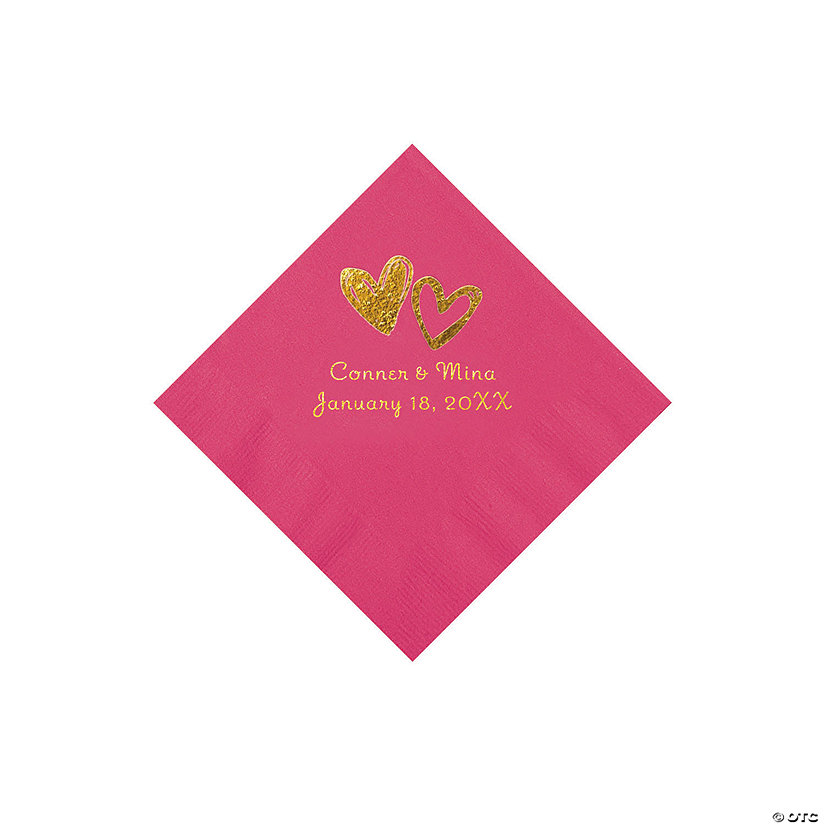 Hot Pink Hearts Personalized Napkins with Gold Foil - Beverage Image Thumbnail