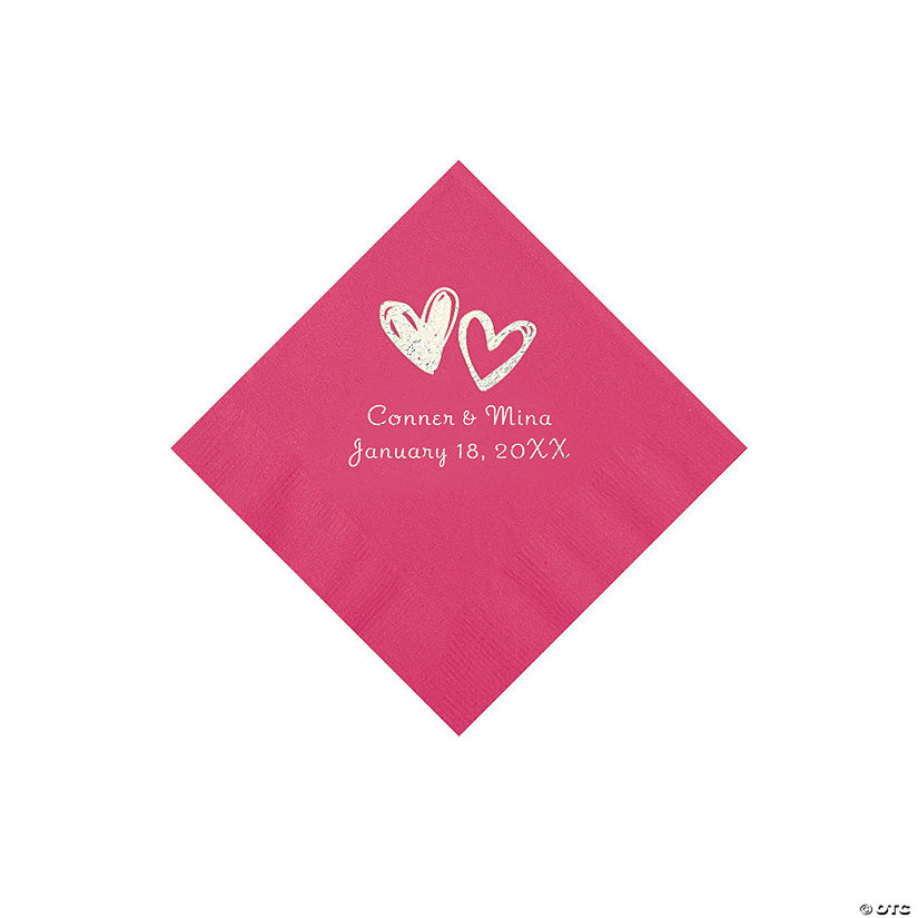 Hot Pink Hearts Personalized Napkins with Silver Foil - Beverage Image Thumbnail