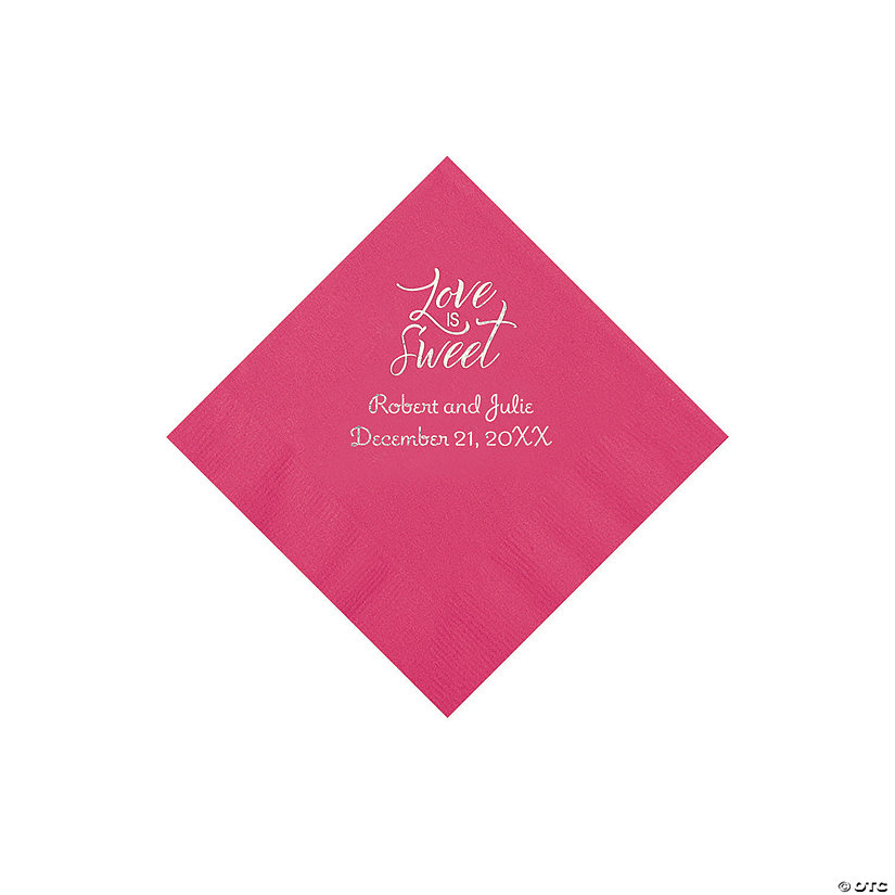 Hot Pink Love Is Sweet Personalized Napkins with Silver Foil - Beverage Image Thumbnail
