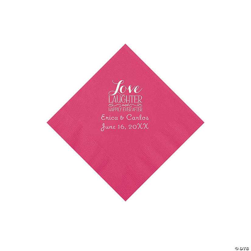 Hot Pink Love Laughter & Happily Ever After Personalized Napkins with Silver Foil &#8211; Beverage Image Thumbnail