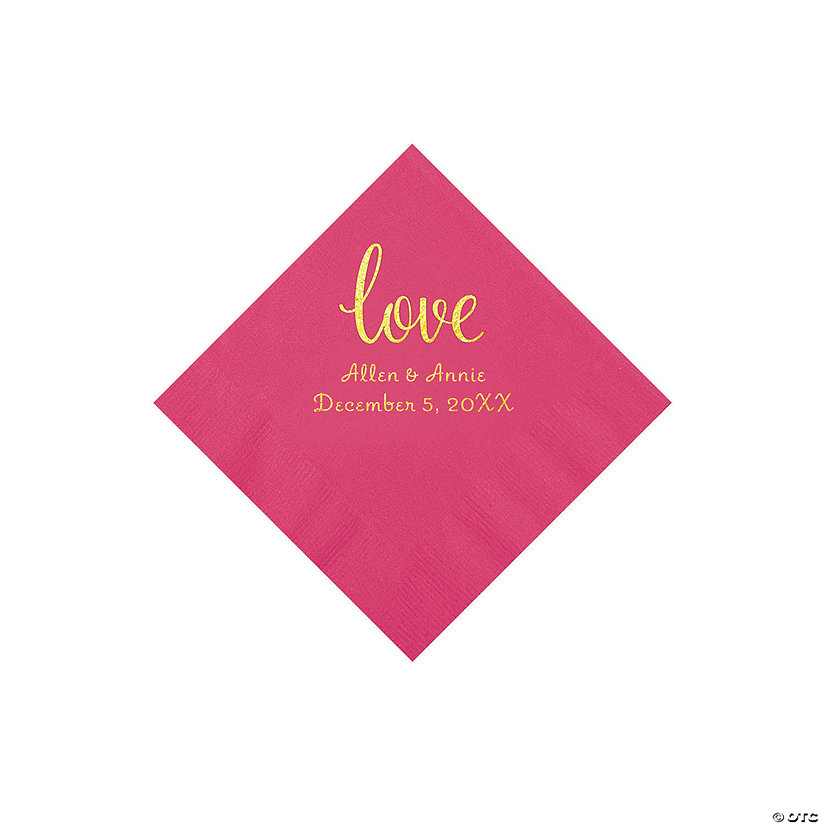 Hot Pink Love Script Personalized Napkins with Gold Foil - Beverage Image Thumbnail