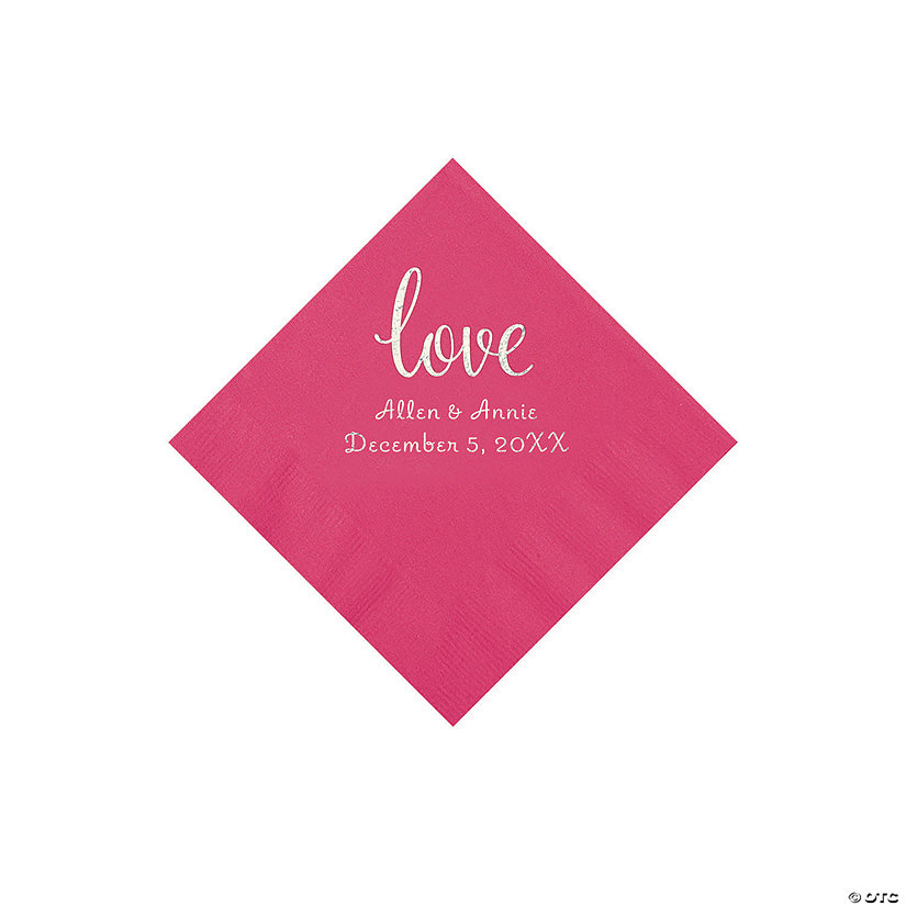 Hot Pink Love Script Personalized Napkins with Silver Foil - Beverage Image