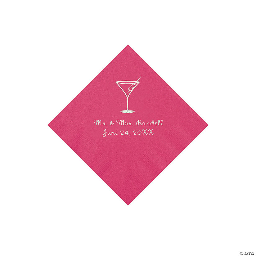 Hot Pink Martini Glass Personalized Napkins with Silver Foil - Beverage Image Thumbnail