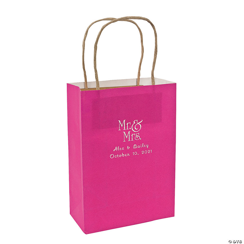 Hot Pink Medium Mr. & Mrs. Personalized Kraft Paper Gift Bags with Silver Foil - 12 Pc. Image