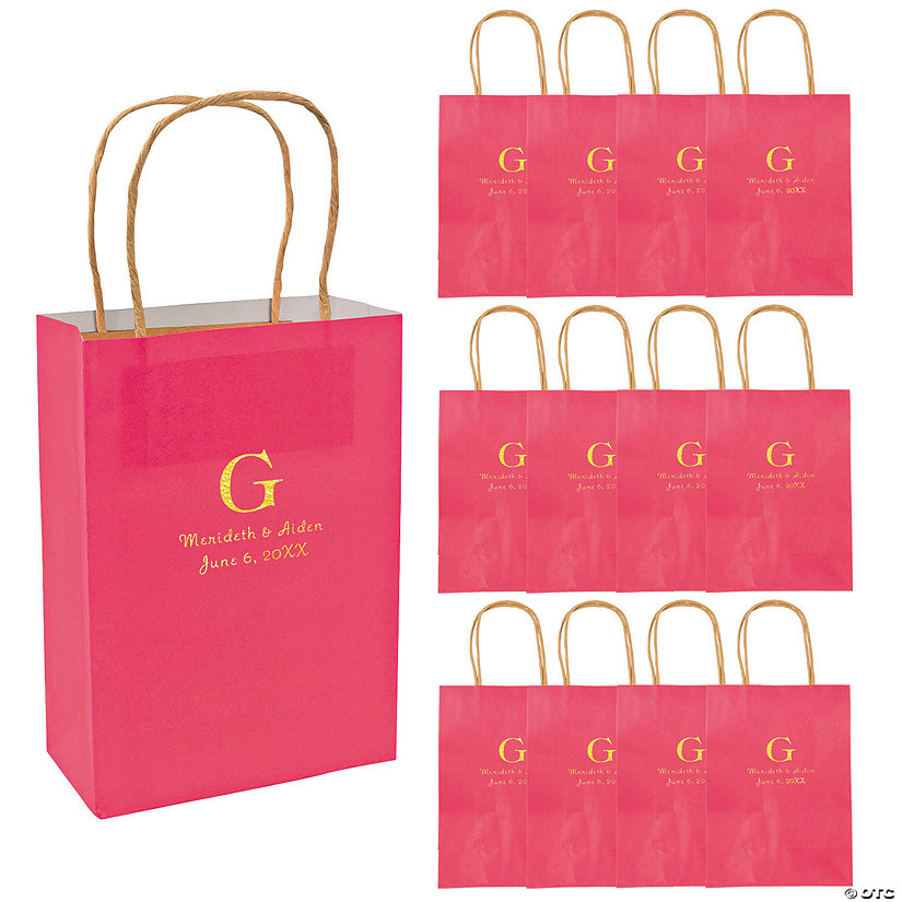 Hot Pink Medium Personalized Monogram Welcome Paper Gift Bags with Gold Foil - 12 Pc. Image Thumbnail