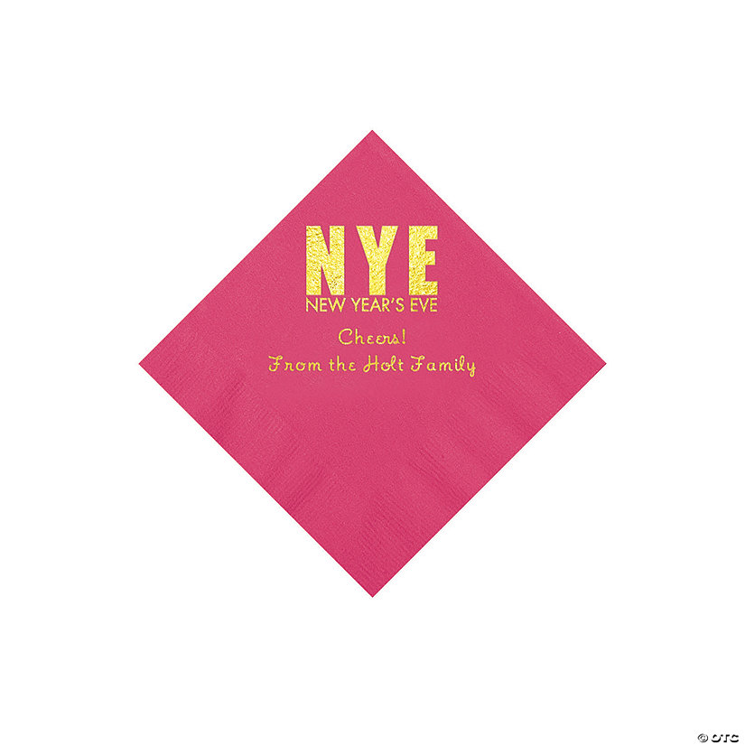 Hot Pink New Year&#8217;s Eve Personalized Napkins with Gold Foil - Beverage Image Thumbnail