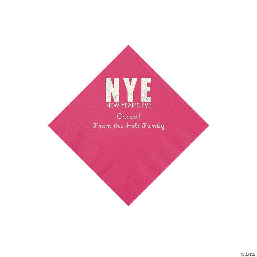 Hot Pink New Year&#8217;s Eve Personalized Napkins with Silver Foil - Beverage Image Thumbnail