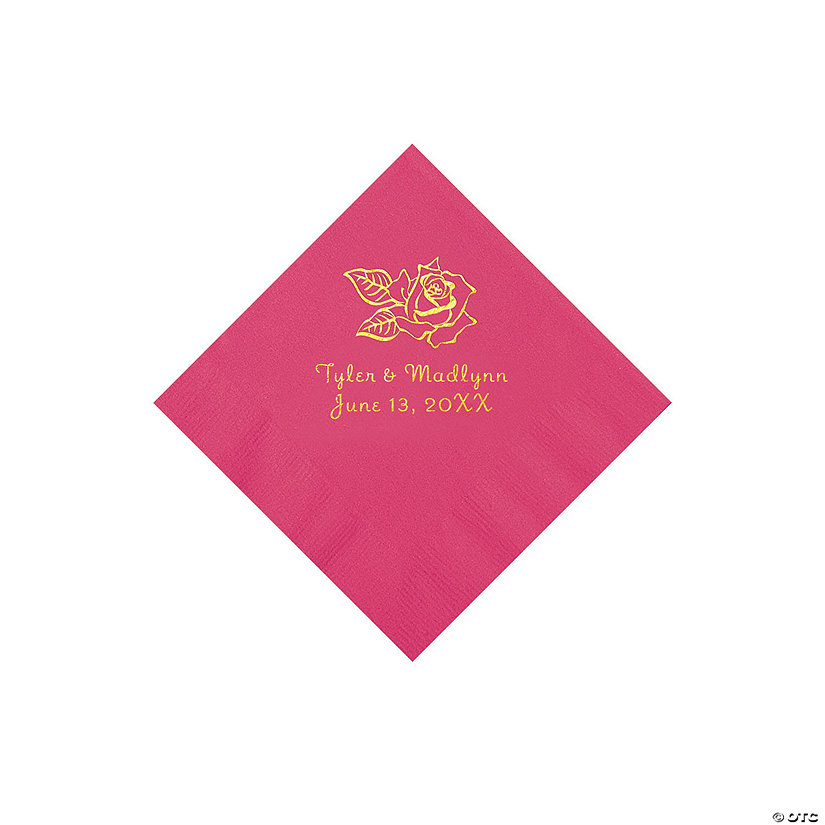 Hot Pink Rose Personalized Napkins with Gold Foil - 50 Pc. Beverage Image