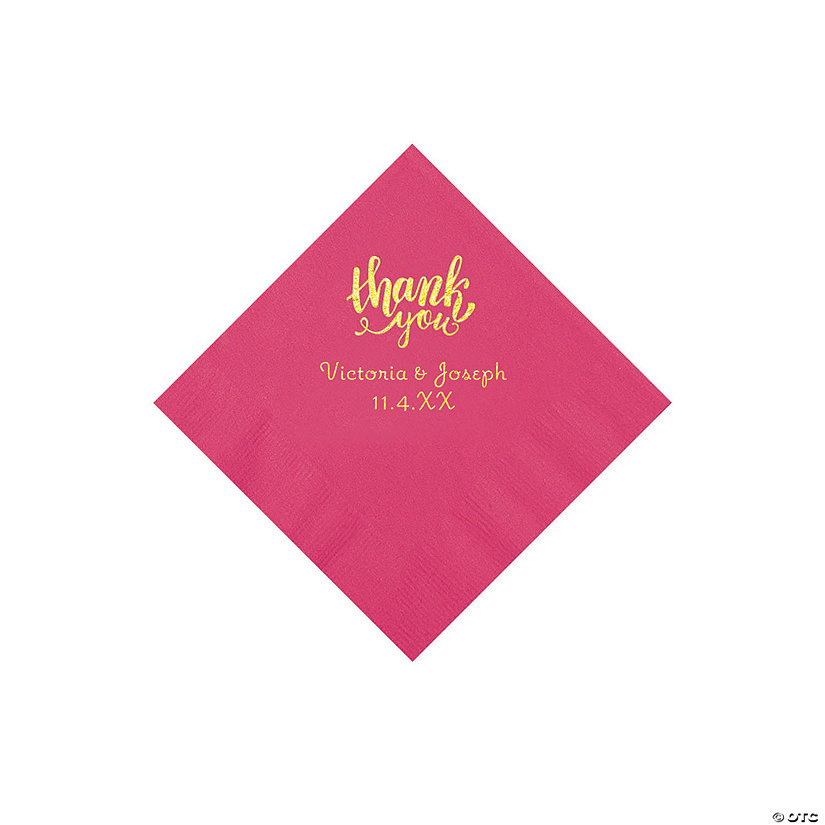 Hot Pink Thank You Personalized Napkins with Gold Foil - Beverage Image Thumbnail