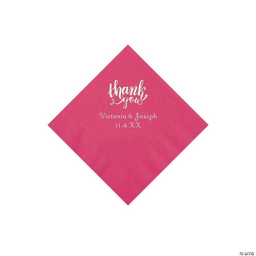 Hot Pink Thank You Personalized Napkins with Silver Foil - Beverage Image Thumbnail