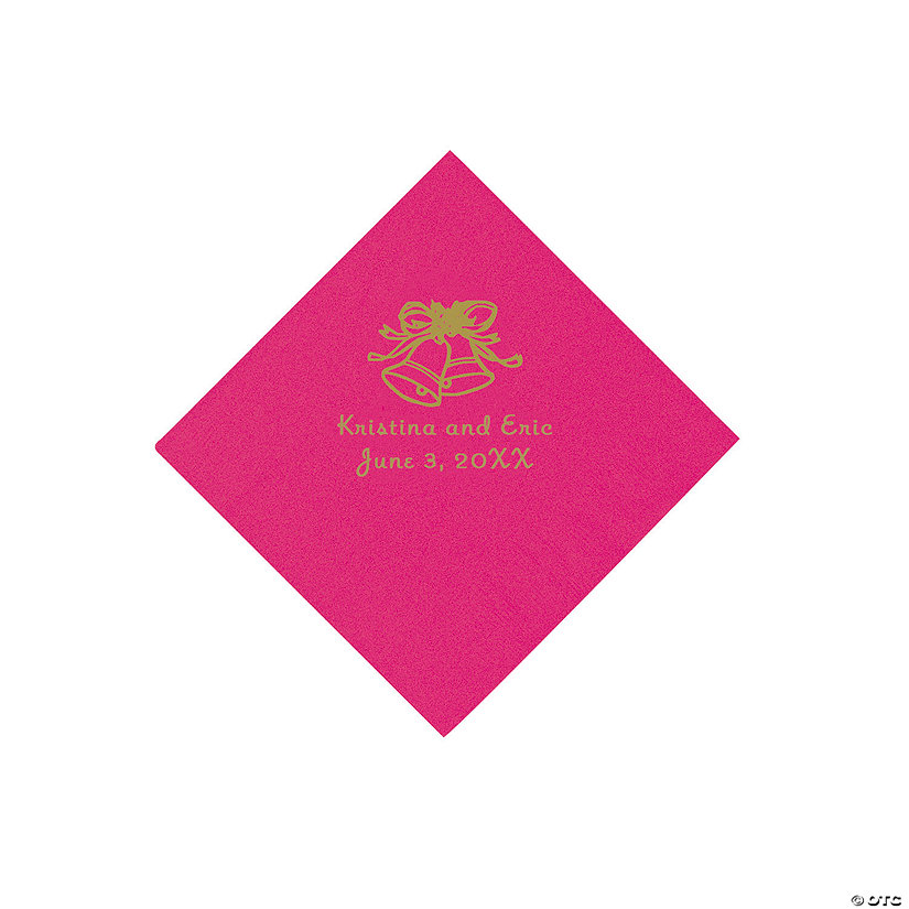 Hot Pink Wedding Bells Personalized Napkins with Gold Foil - Beverage Image Thumbnail