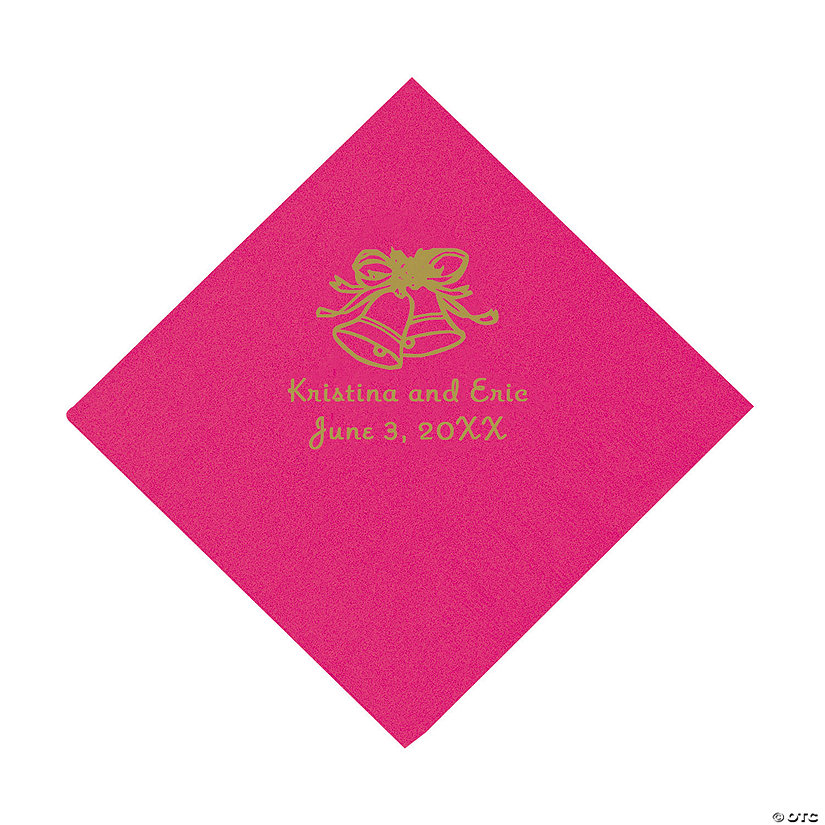 Hot Pink Wedding Bells Personalized Napkins with Gold Foil - Luncheon Image Thumbnail