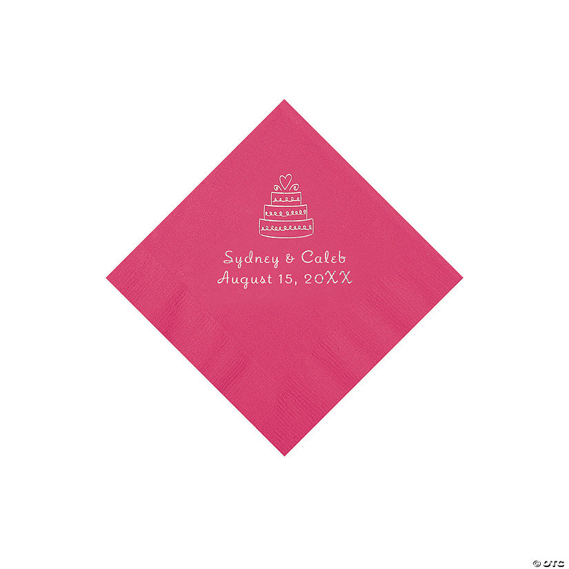 Hot Pink Wedding Cake Personalized Napkins with Silver Foil - 50 Pc. Beverage Image