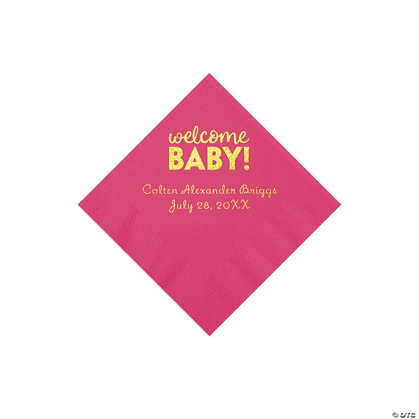 Hot Pink Welcome Baby Personalized Napkins with Gold Foil - 50 Pc. Beverage Image Thumbnail