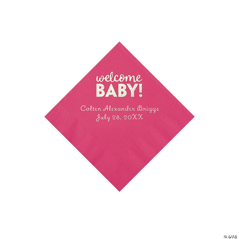 Hot Pink Welcome Baby Personalized Napkins with Silver Foil - 50 Pc. Beverage Image