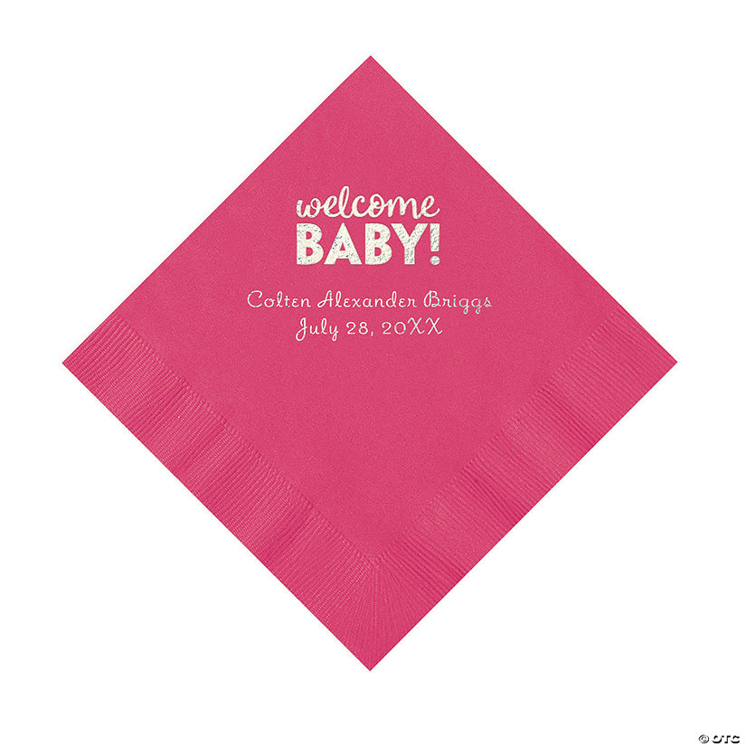 Hot Pink Welcome Baby Personalized Napkins with Silver Foil - 50 Pc. Luncheon Image