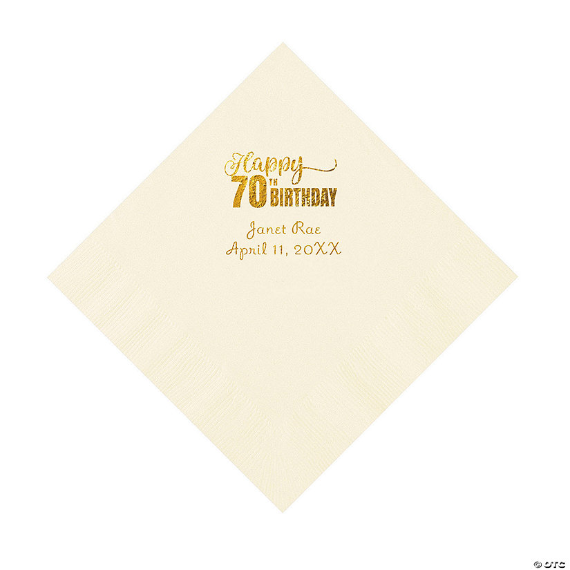 Ivory 70th Birthday Personalized Napkins with Gold Foil &#8211; 50 Pc. Luncheon Image