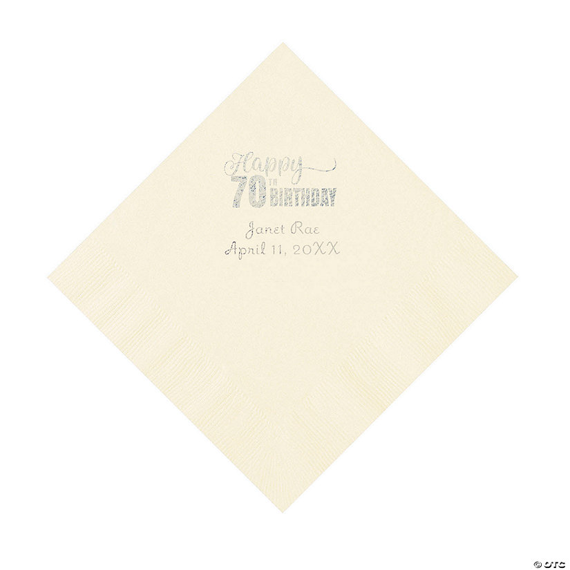 Ivory 70th Birthday Personalized Napkins with Silver Foil &#8211; 50 Pc. Luncheon Image