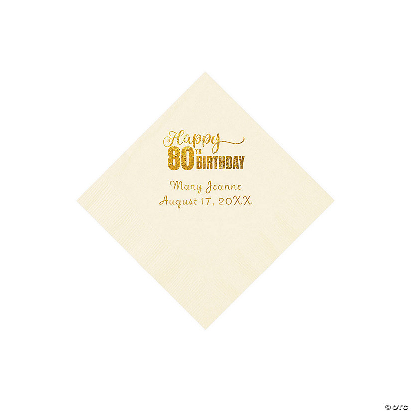 Ivory 80th Birthday Personalized Napkins with Gold Foil - 50 Pc. Beverage Image