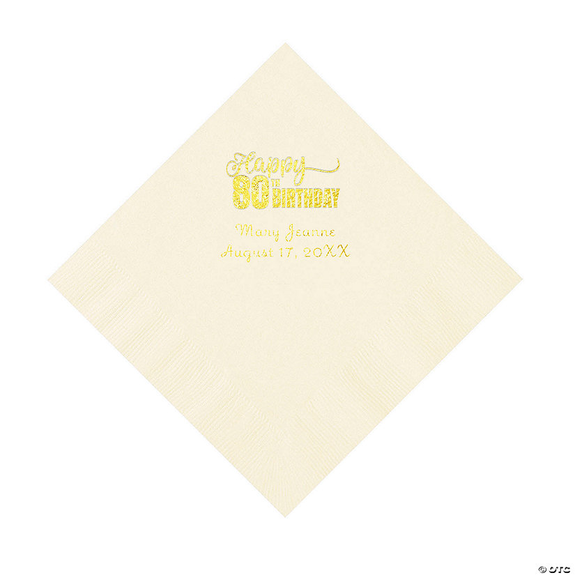 Ivory 80th Birthday Personalized Napkins with Gold Foil &#8211; 50 Pc. Luncheon Image