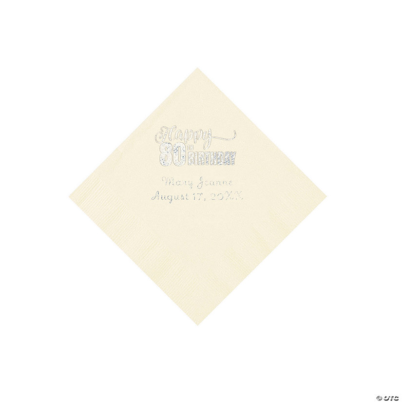 Ivory 80th Birthday Personalized Napkins with Silver Foil - 50 Pc. Beverage Image Thumbnail