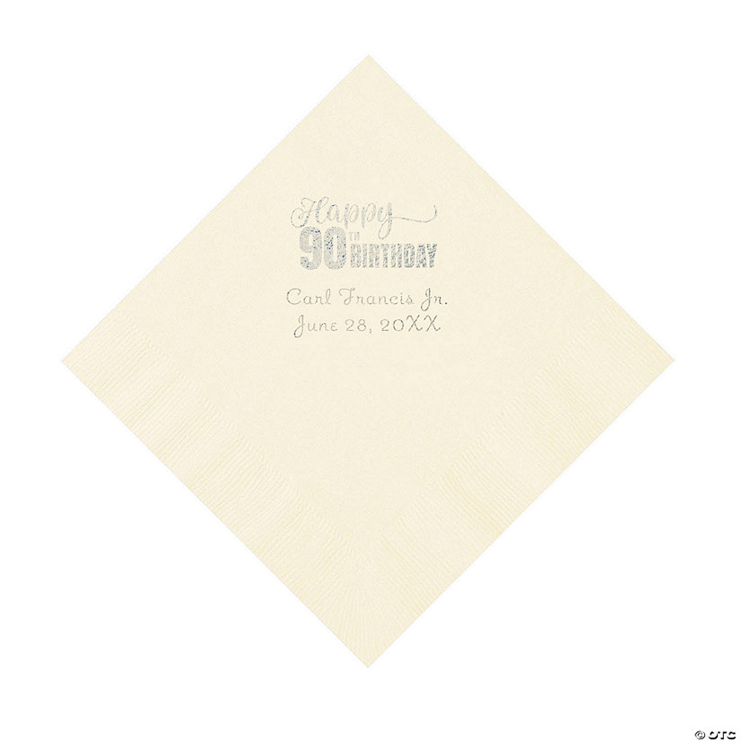 Ivory 90th Birthday Personalized Napkins with Silver Foil &#8211; 50 Pc. Luncheon Image