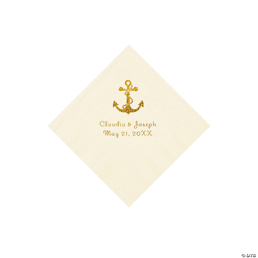 Ivory Anchor Personalized Napkins with Gold Foil - Beverage Image Thumbnail