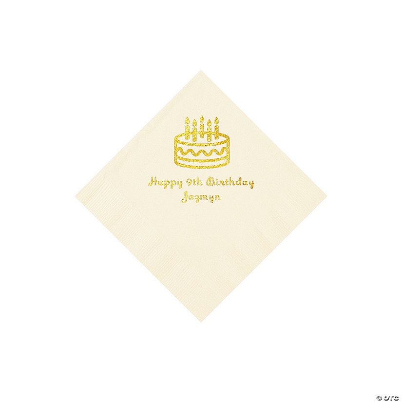 Ivory Birthday Cake Personalize Napkins with Gold Foil - 50 Pc. Beverage Image Thumbnail