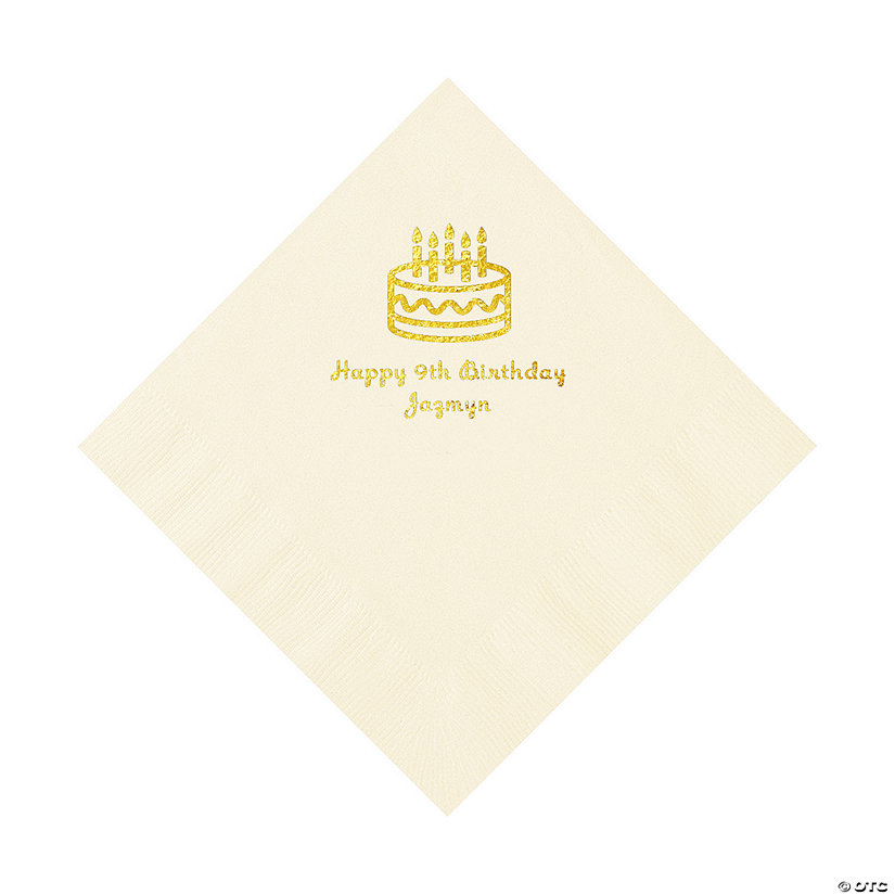 Ivory Birthday Cake Personalized Napkins with Gold Foil - 50 Pc. Luncheon Image