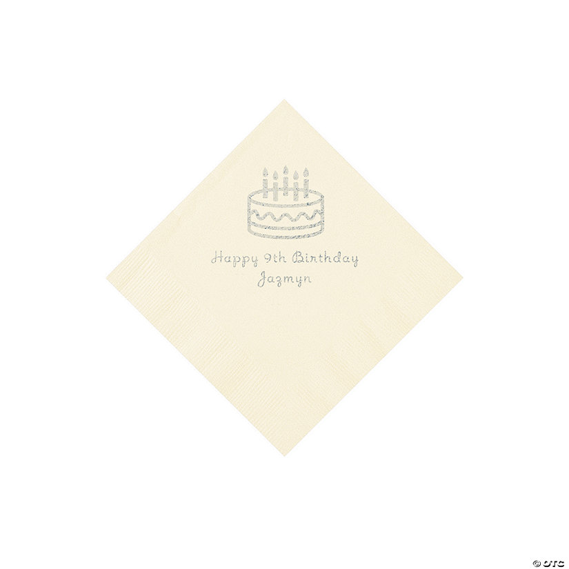 Ivory Birthday Cake Personalized Napkins with Silver Foil - 50 Pc. Beverage Image Thumbnail